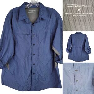 Eddie Bauer Sport Shirt Men's Medium Blue Vented Button Up Nylon Pockets Hiking